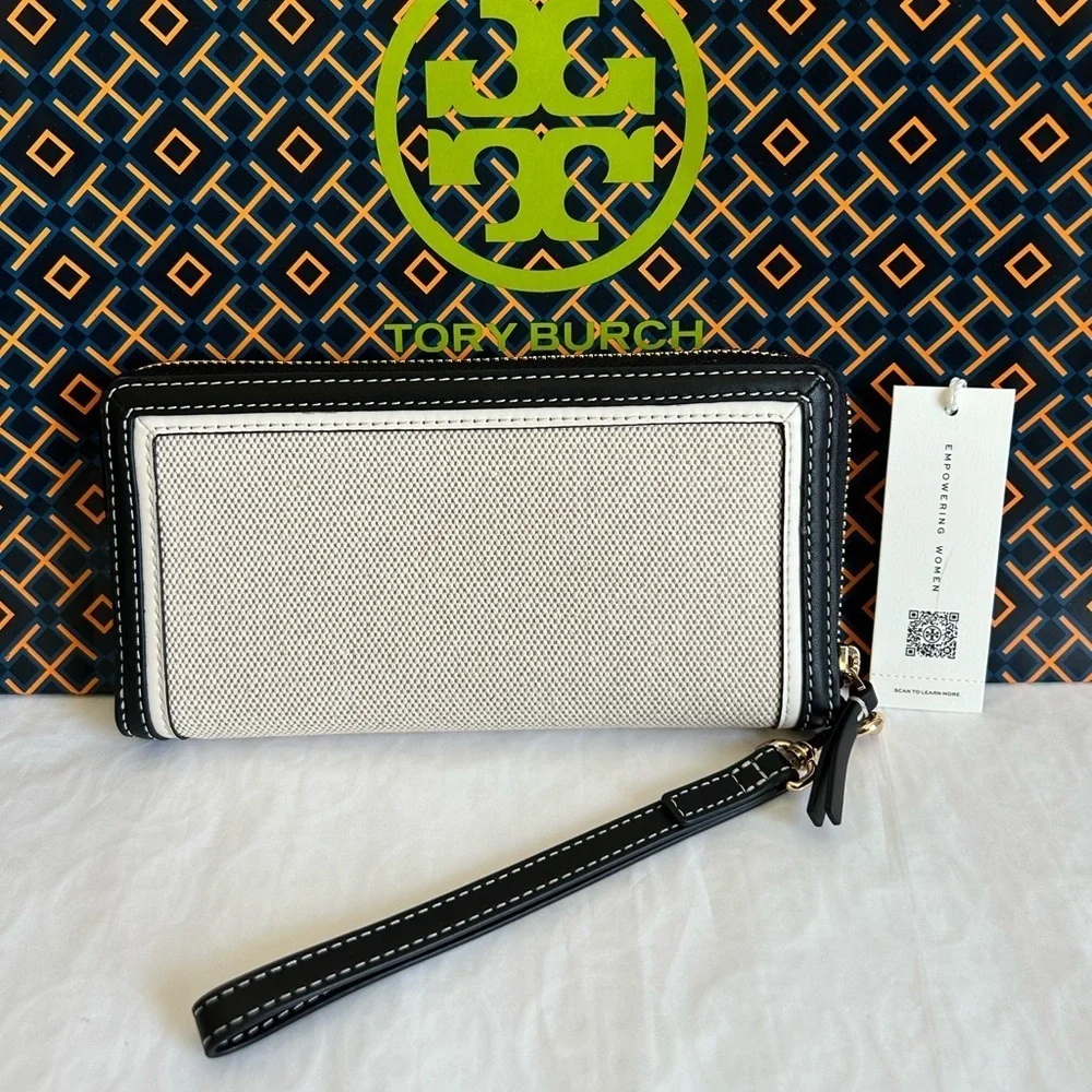 Tory Burch Emerson Canvas Zip Continental Wallet Multi Leather Black Tan Gold